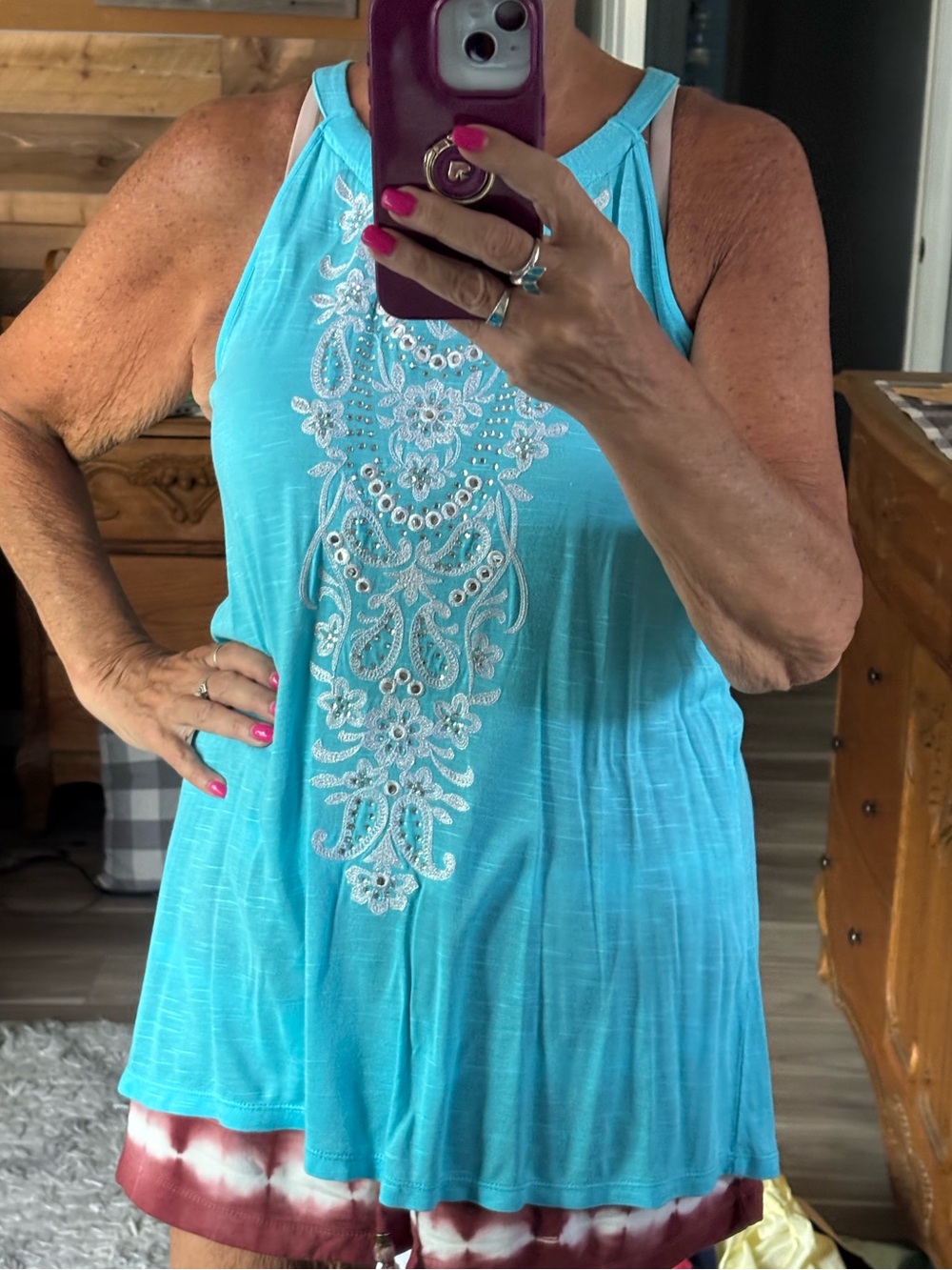 INC International Concepts Turquoise Embroidered Tank Top